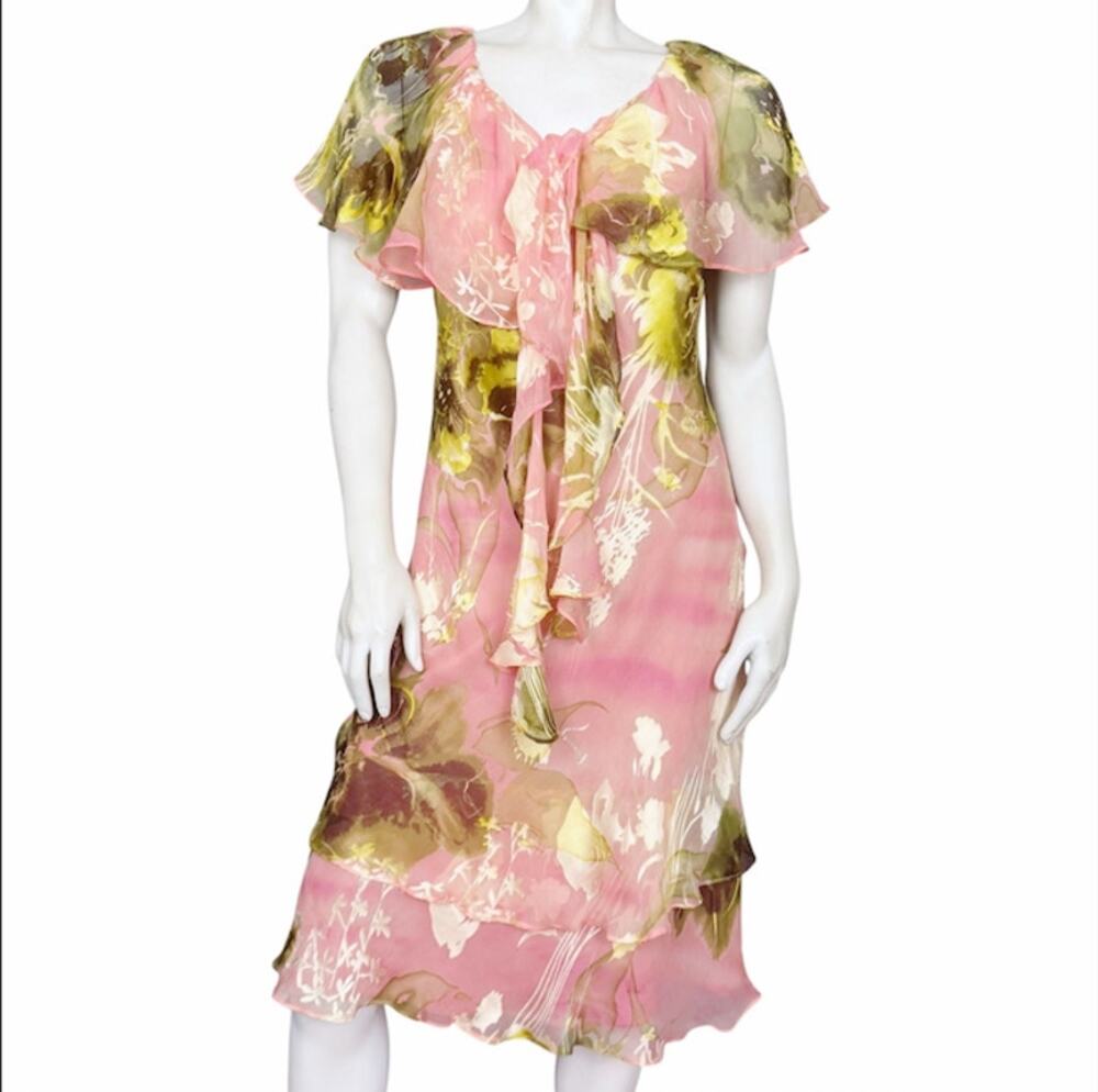 Vintage Pink Floral Cape Sleeve Tie Neck Midi Dress